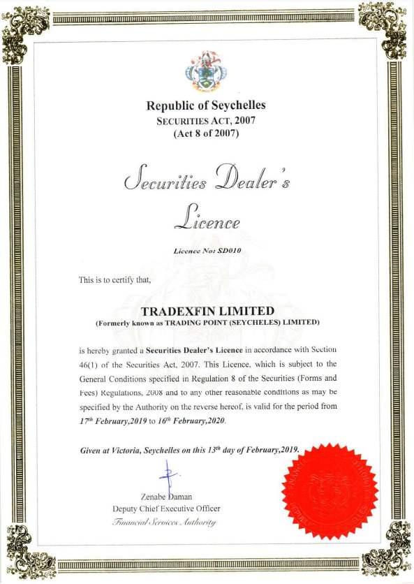 TradexFin limited Licence 2019